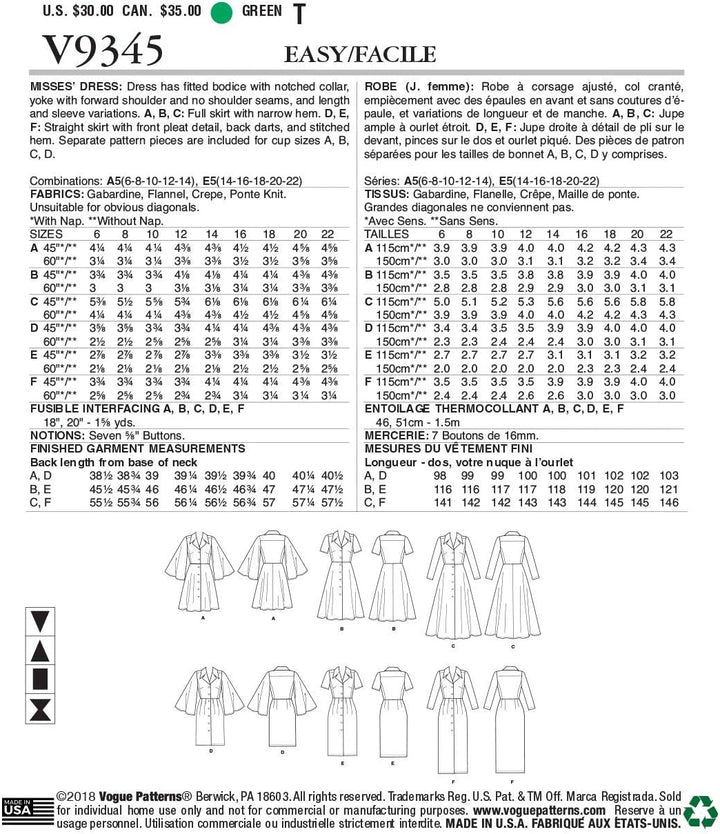 Vogue V9345E5 Easy Damen Schnittmuster Kragen Kleid Schnittmuster Gr. 42-50