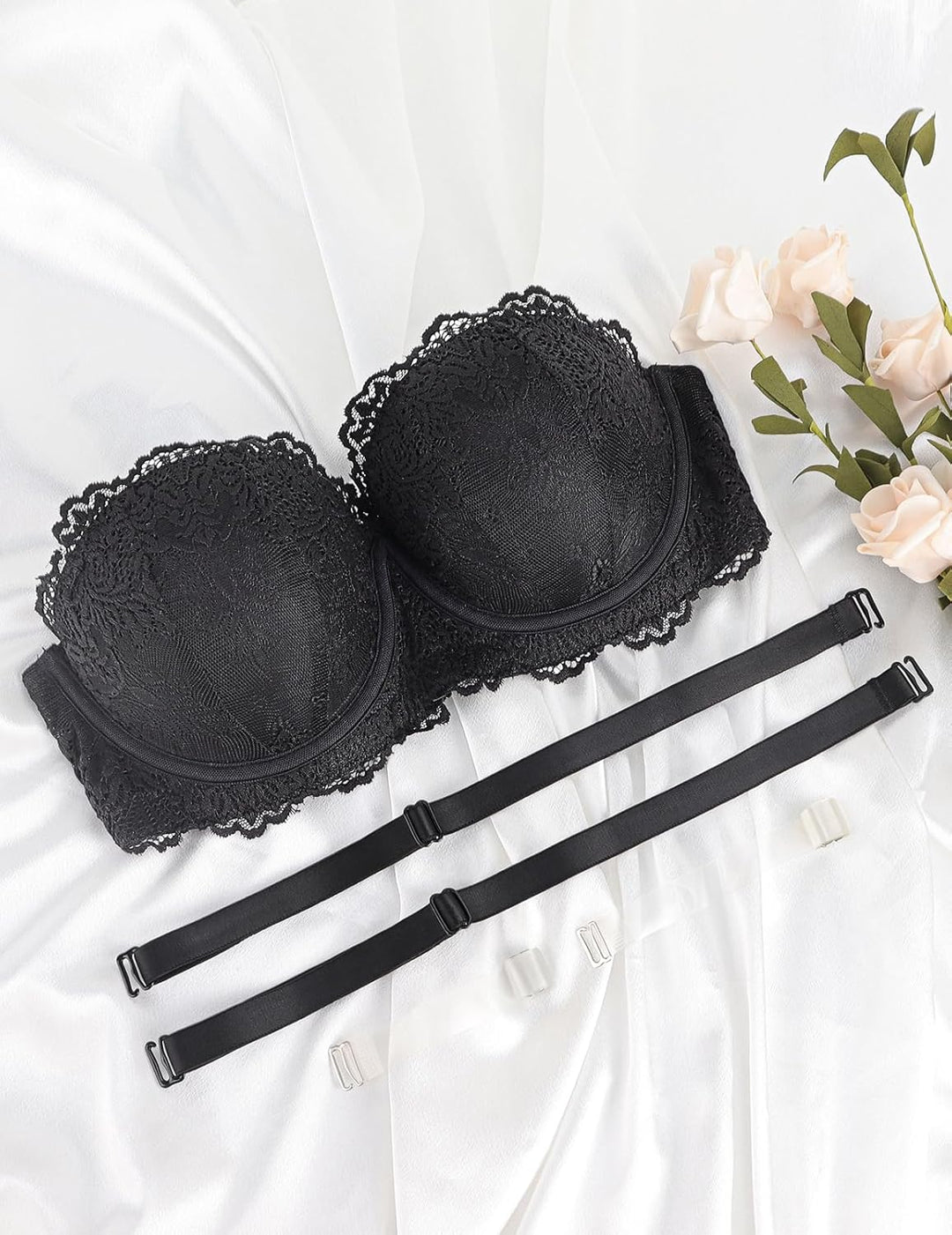 YANDW Trägerloser Stark Gepolsterter Push Up Spitzen BH mit Multiway Transparenten Trägern Trägerlos