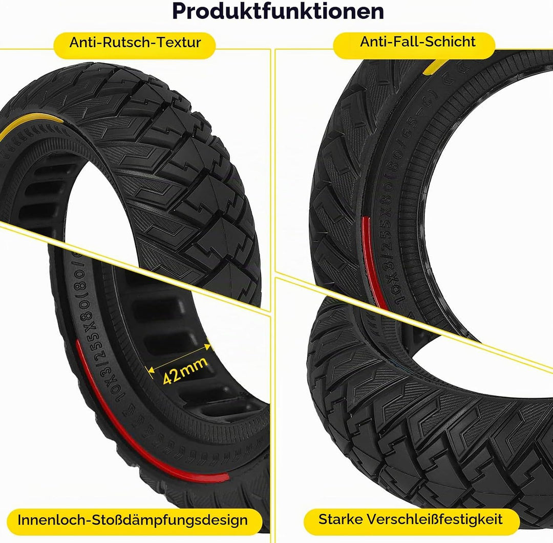 10 x 3 Zoll E Scooter Solid Reifen，255 x 80 (80/65-6) Vollgummireifen für Kukirin G3/Kaabo Wolf Warr