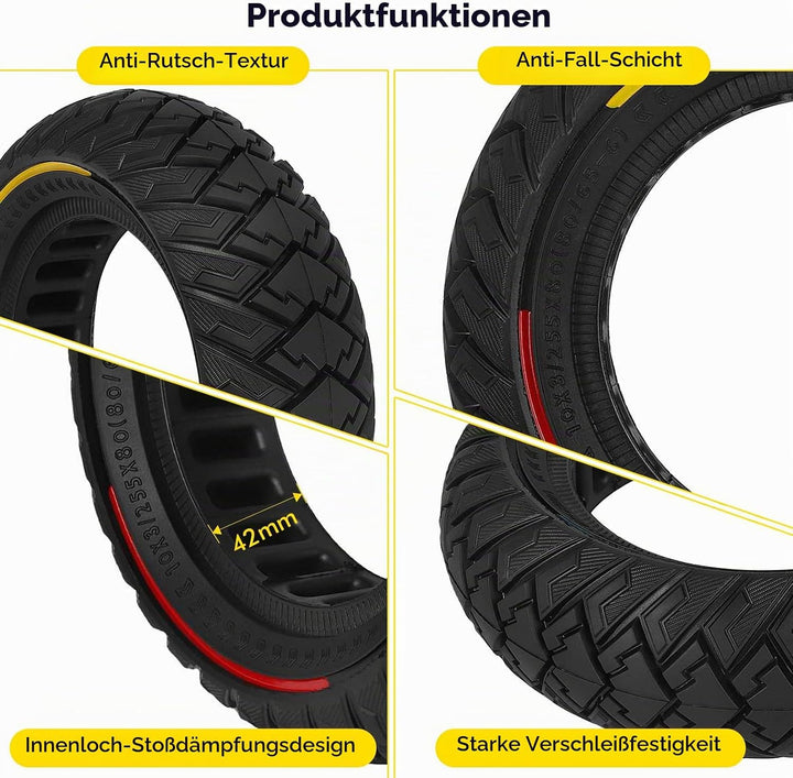 10 x 3 Zoll E Scooter Solid Reifen，255 x 80 (80/65-6) Vollgummireifen für Kukirin G3/Kaabo Wolf Warr