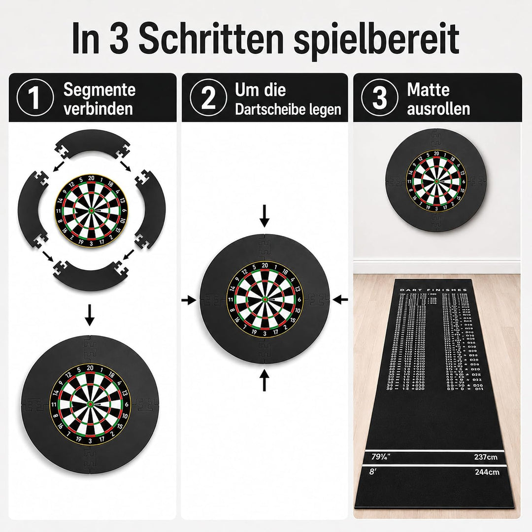 Dartteppich &amp; Dart Surround Set - 300x60 cm Dartmatte mit Abwurflinien &amp; Checkout-Tabelle + 13cm Puz
