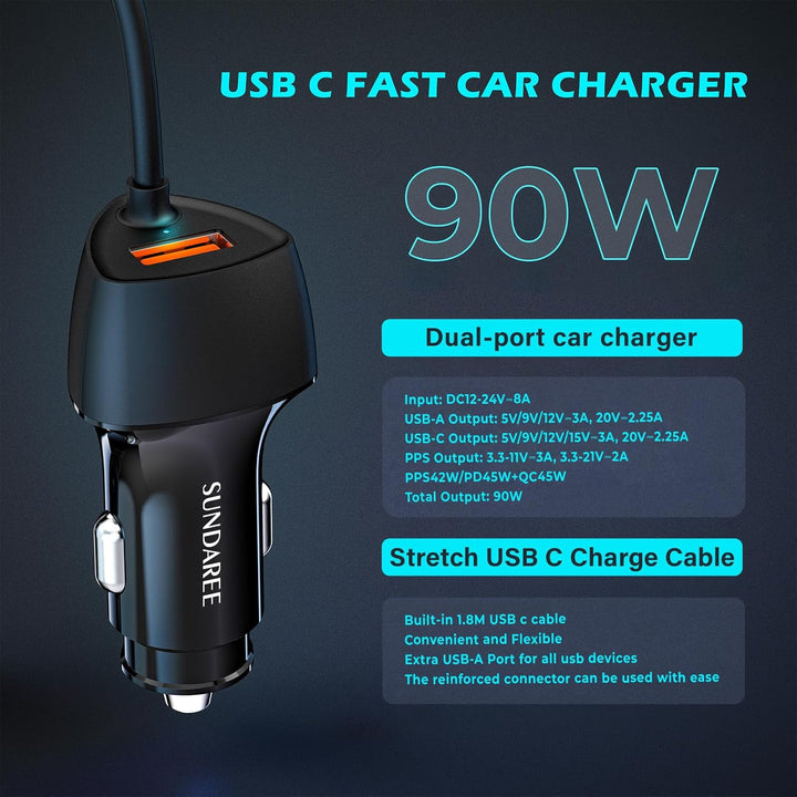 SUNDAREE Auto Ladegerät USB C Kabel,90W 12V 24V Kfz Handyladegeräte PD Typ C Schnellladen 1.8M Spira