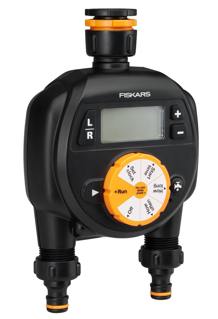Fiskars Zeitschaltuhr/Timer mit 2 Ausgängen, Für alle gängigen Wasserhahngrössen, Leicht ablesbares