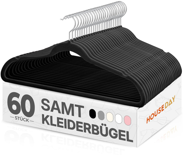 HOUSE DAY Schwarzer Kleiderbügel 60 Stück, Samt Kleiderbügel Rutschfester Filz Bügel -Platzsparende,