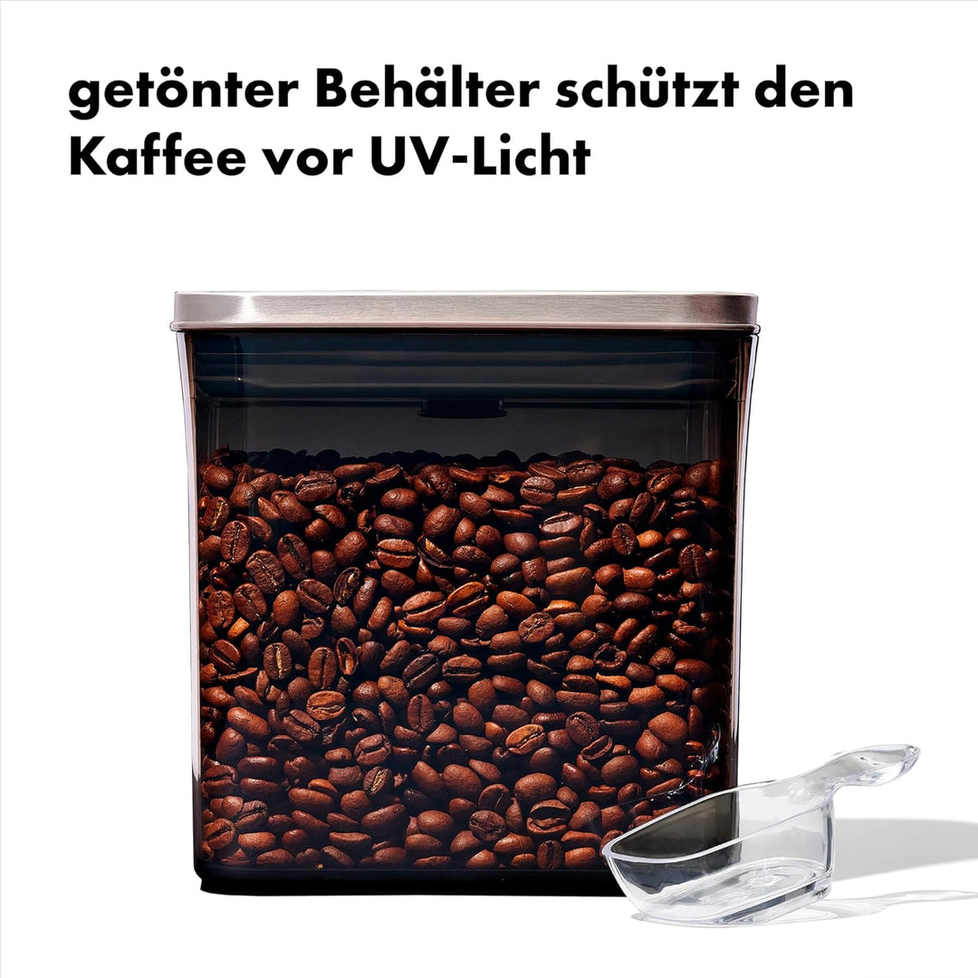 OXO Steel Coffee POP-Behälter mit Schaufel – 1,6 l luftdichte Aufbewahrung, Edelstahldeckel, getönte