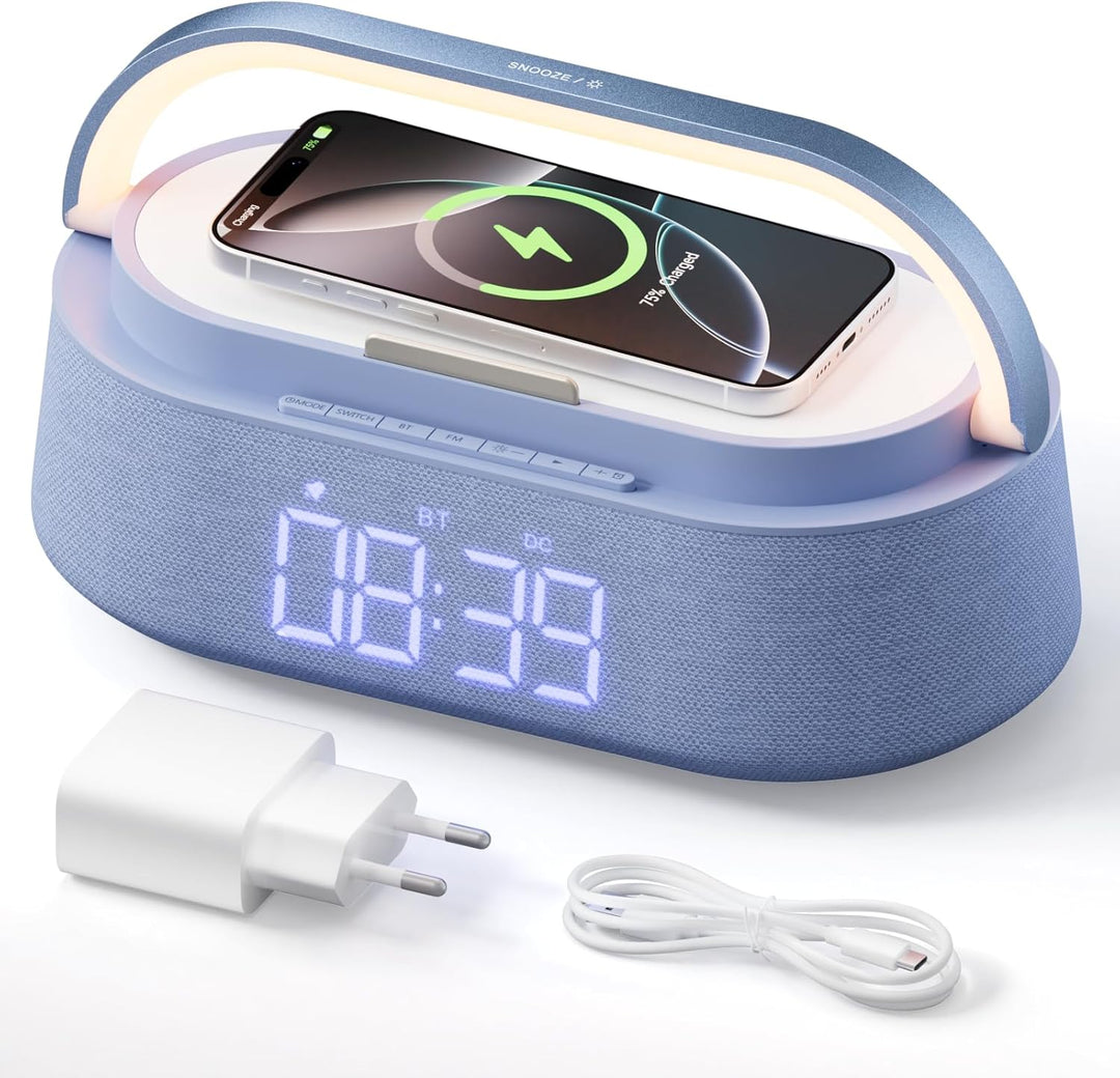 COLSUR Radiowecker Digital mit Wireless Charger, Bluetooth Lautsprecher Smart Wecker Schlummerfunkti