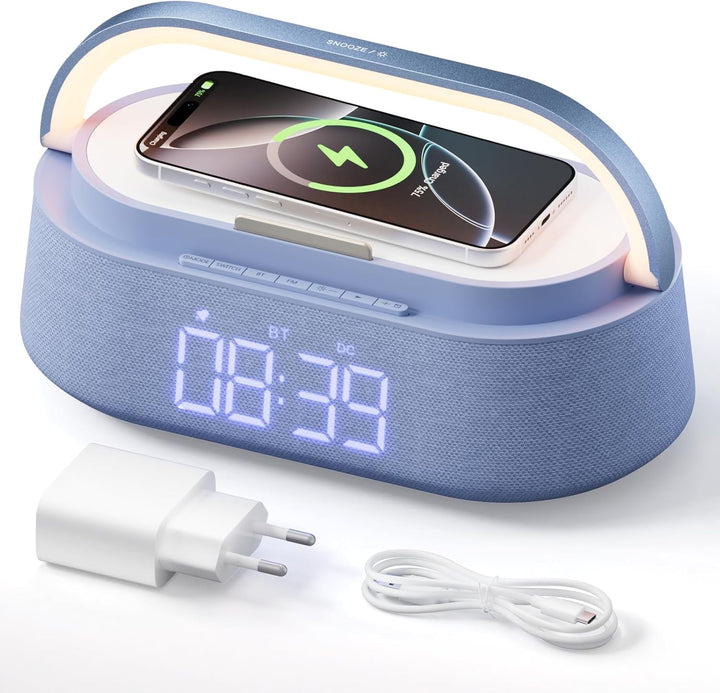 COLSUR Radiowecker Digital mit Wireless Charger, Bluetooth Lautsprecher Smart Wecker Schlummerfunkti