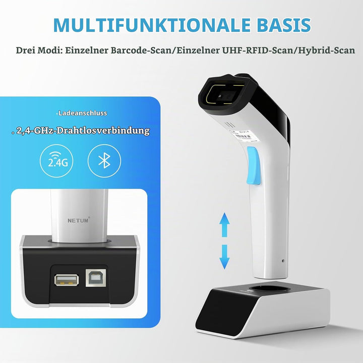 NETUM Wireless Hybrid RFID 2D-Barcode-Scanner, UHF-RFID-Tags-Leser und 1D/2D-QR-Barcode-Scan, Verbin