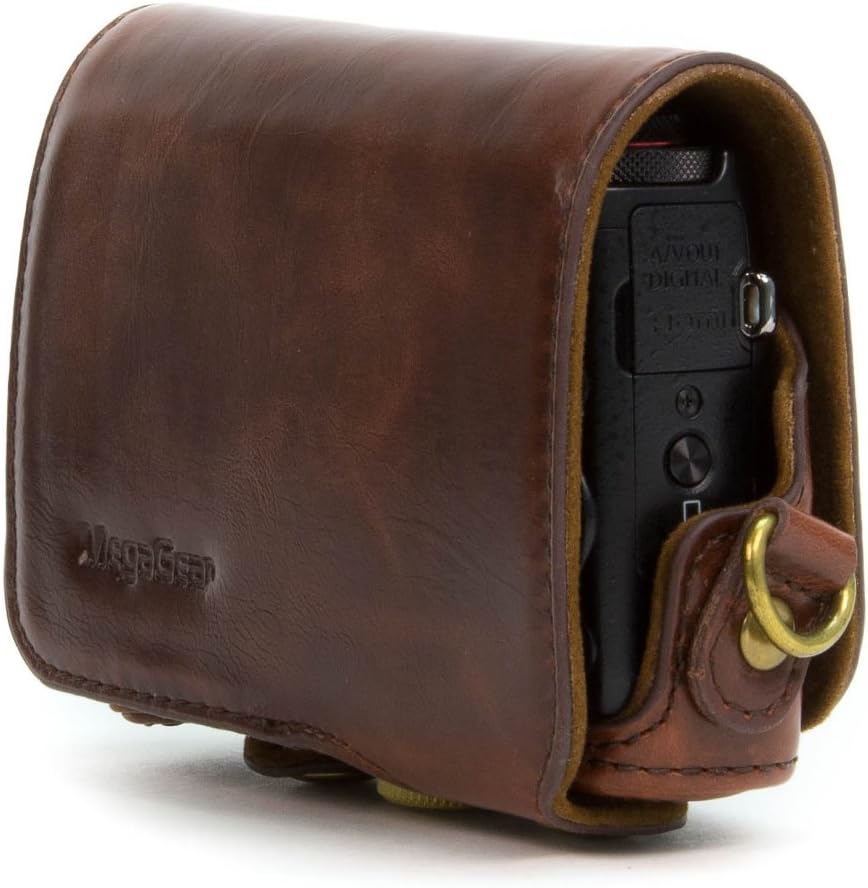 MegaGear Ever Ready Leder Kameratasche mit Trageriemen kompatibel mit Canon PowerShot G7 X Dunkelbra