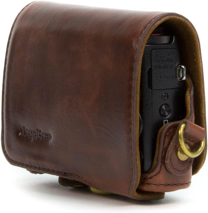 MegaGear Ever Ready Leder Kameratasche mit Trageriemen kompatibel mit Canon PowerShot G7 X Dunkelbra