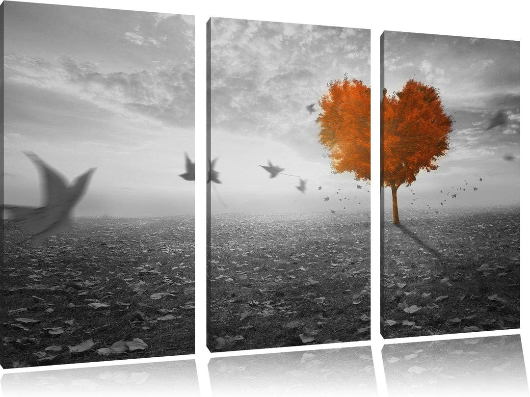 Pixxprint Roter Herzbaum im Herbst als Leinwandbild | Grösse: 3 Teilig (120x80) | Wandbild| Kunstdru