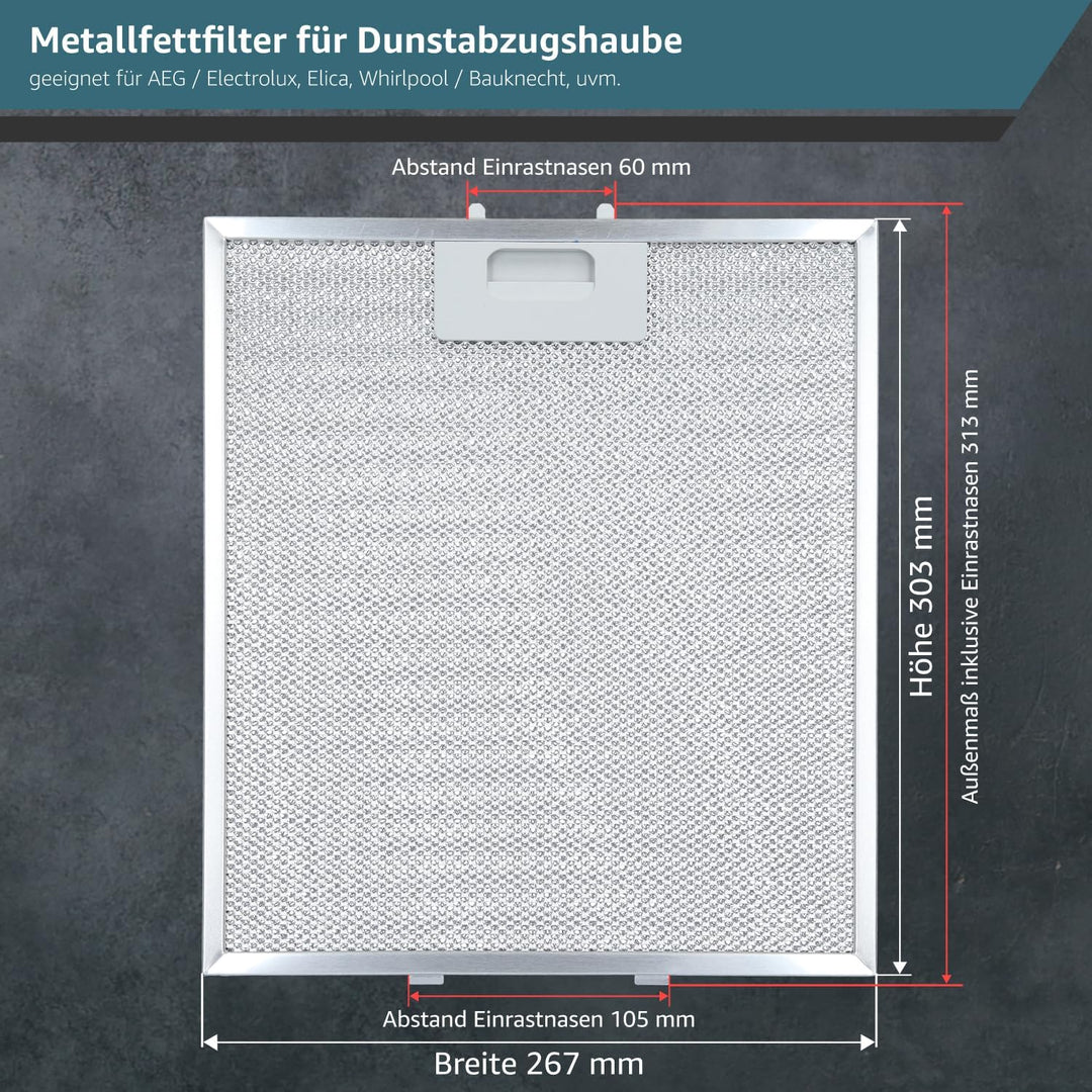 Metallfettfilter für Dunstabzugshaube 305 x 267 mm geeignet für AEG 405525042-9 4055250429, Elica 93