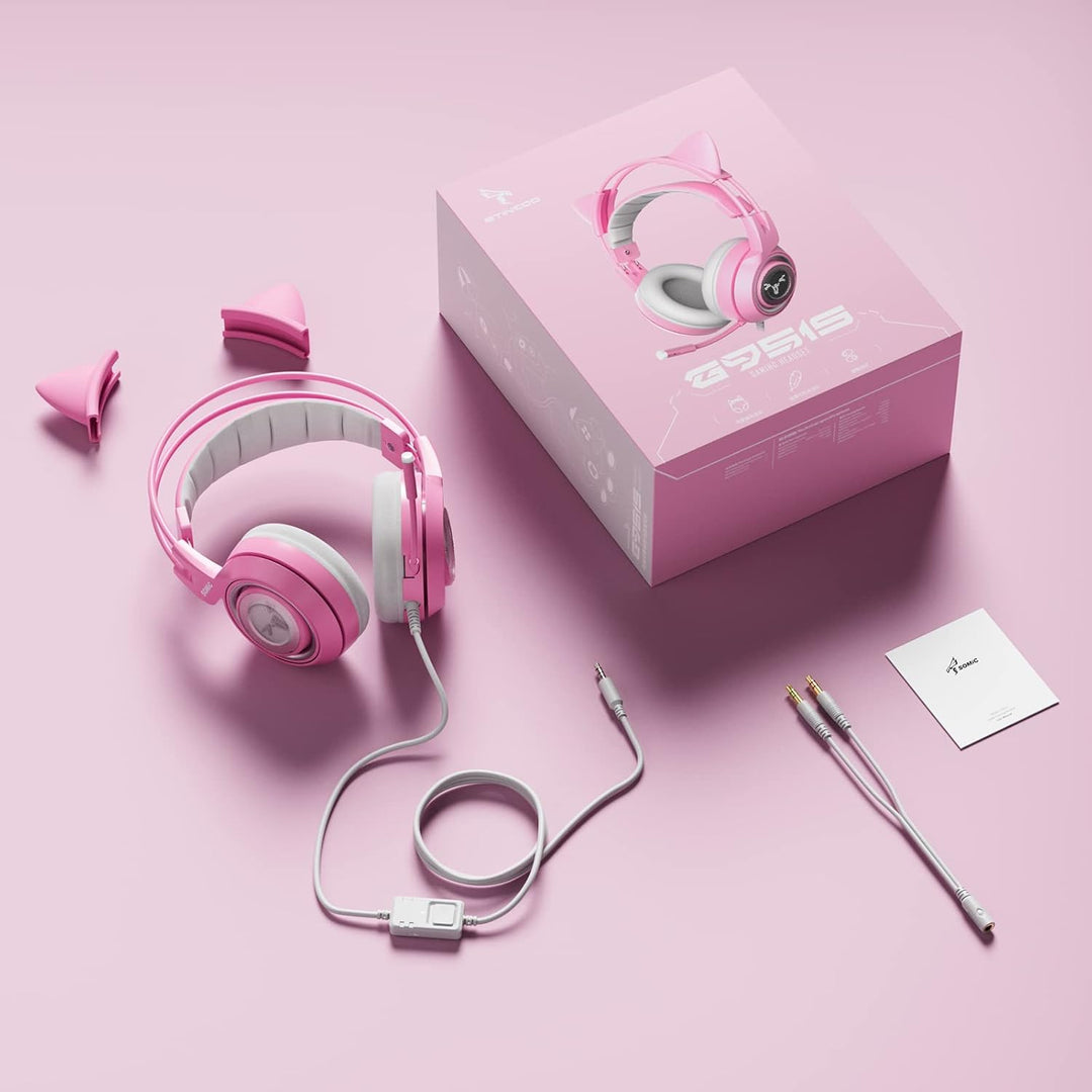 Somic G951S Rosa Gaming-Headset mit Mikrofon, Mädchen Frauen Rosa Katze Ohr-Kopfhörer mit 3,5-mm-Kab