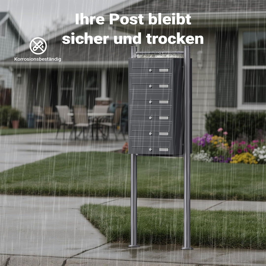 6er-Briefkastenanlage mit Standfuss, pulverbeschichtet in Anthrazit, 2 Schlüssel je Postfach