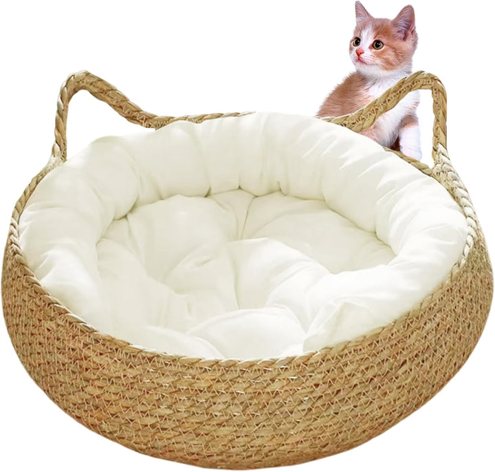 Gewebter Katzenbett, 17-Zoll-Strohhalm gewebte Katzenkörbe mit weichem Kissen, Kratzfeste runde Katz