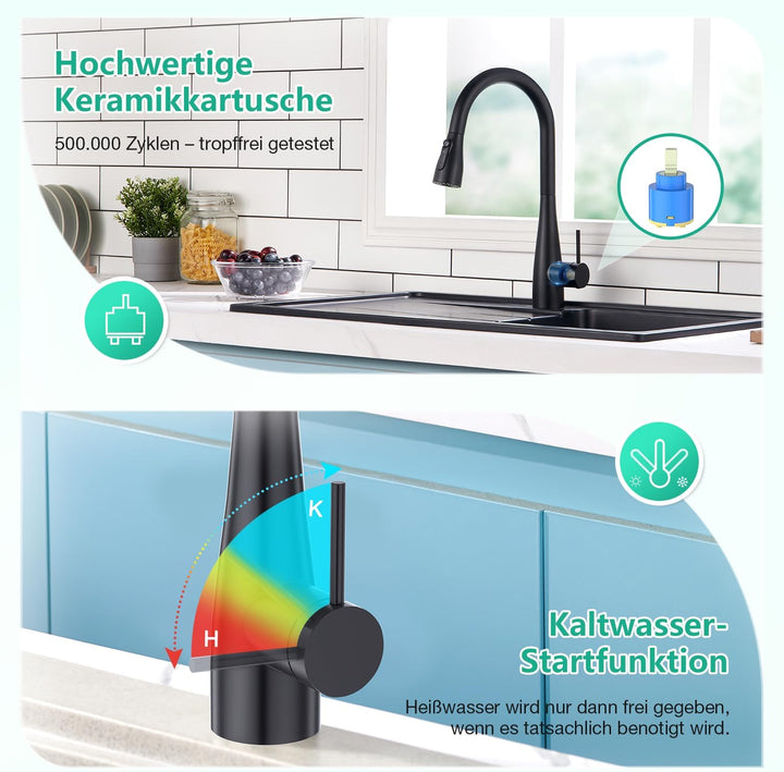 CREA 3 Wege Küchenarmatur mit Brause ausziehbar, Trinkwasserhahn Wasserhahn Armatur Küche, Mischbatt