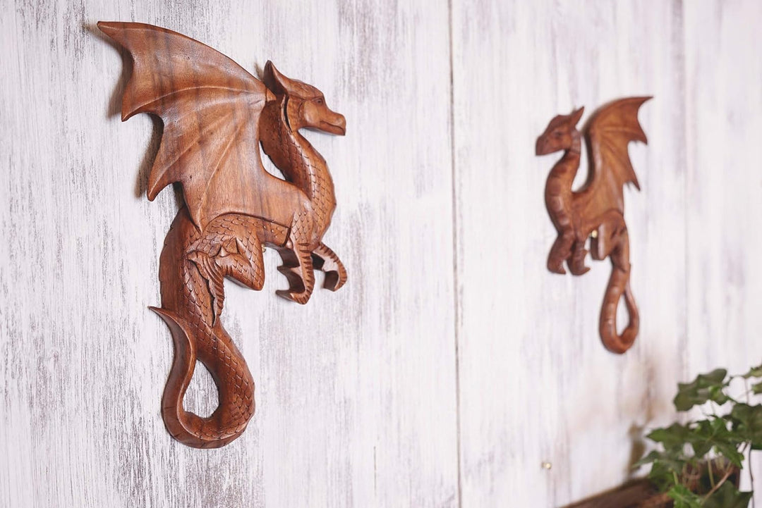 Windalf Wandbild Lizz 28 cm Drachen Wandrelief Links schauend Handarbeit aus Holz