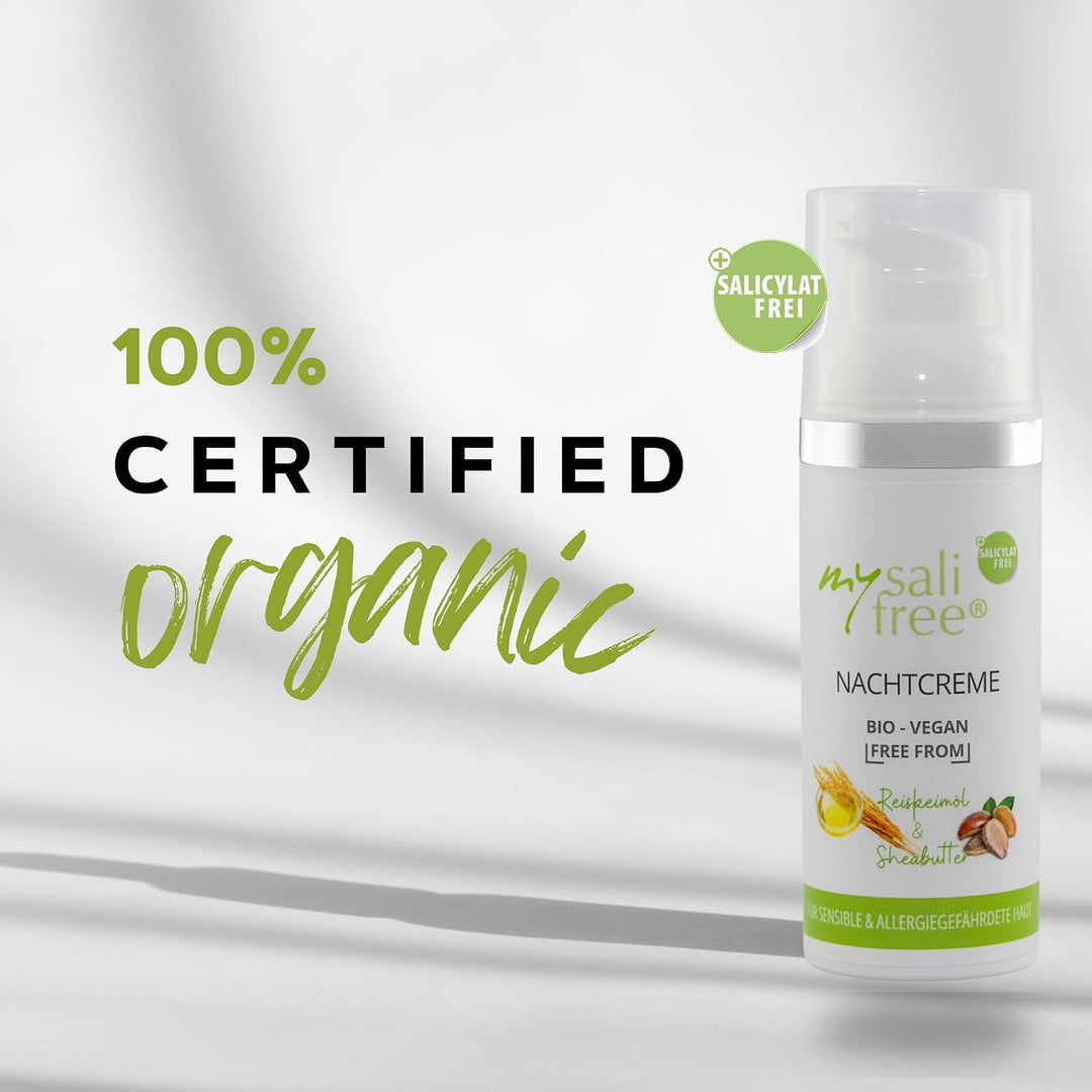 mysalifree BIO NACHTCREME, reichhaltige Feuchtigkeitspflege für sensible Haut mit Reiskeimöl und She