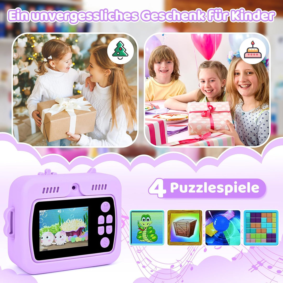 GuKKK Kinderkamera Sofortbildkamera, 2,4 Zoll Sofortbildkamera Kinder mit 32G TF Karte und Fotopapie