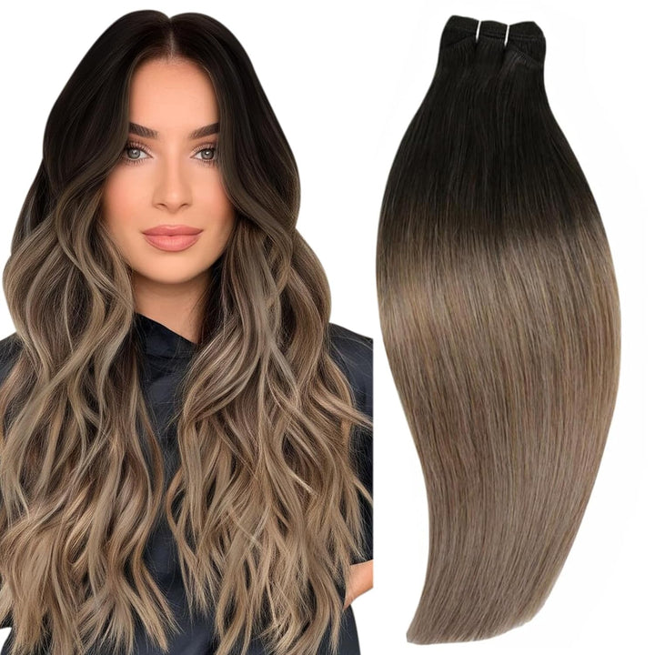 RUNATURE Tressen Echthaar Extensions Balayage Fabre Dunkelbraun mit Mittelbraun und Aschblond Sew in