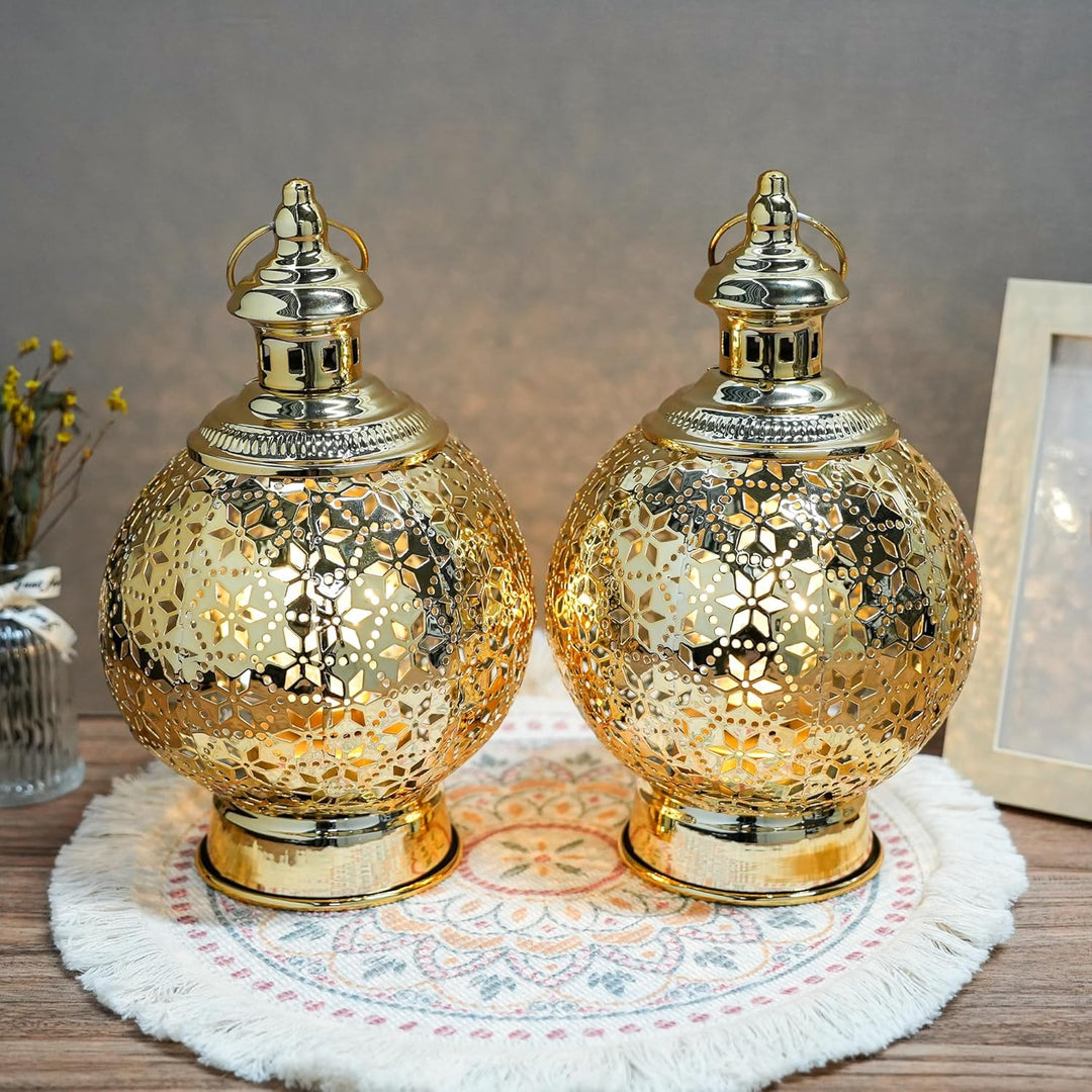 TRIROCKS Ramadan-Laternen, 2 Stück, 25,4 cm, Gold, elektrischer Kerzenhalter mit Timer, Metall, deko