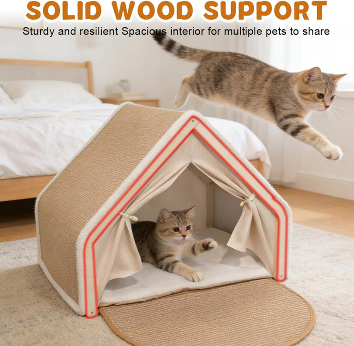 2-in-1 Katzenhaus mit Kratzbrett, Holz katzenzelt &amp; Sisal Kratzfläche als Gemütliche Katzenhöhle für