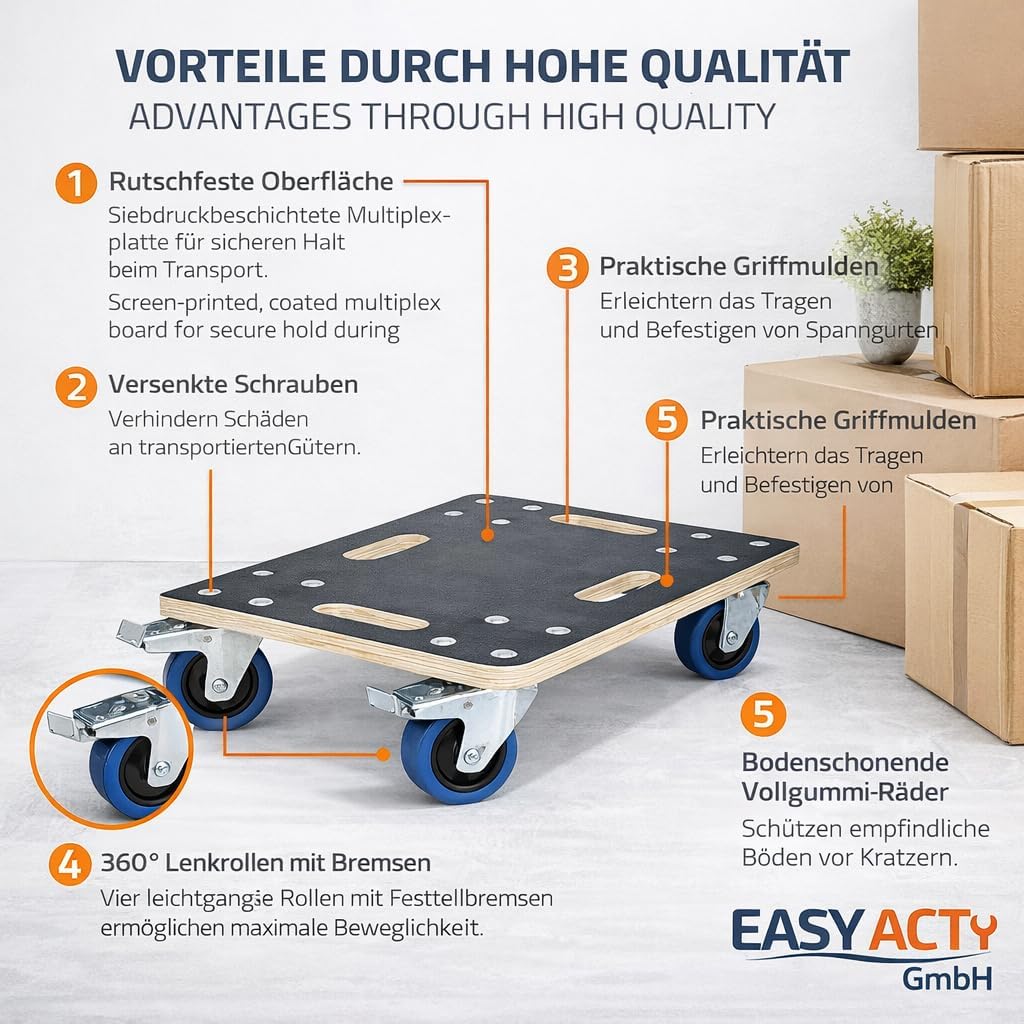 Möbelroller bis 800 kg Tragkraft - aus 18 mm Multiplex Holz mit Rutschfester Siebdruckplatte &amp; 4 Len