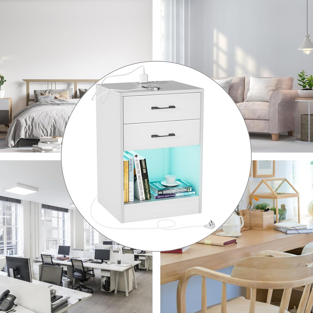 PIPIPOXER 2er Set Nachttisch Weiss mit Steckdose & USB, Beistelltisch in weiss mit grossen Stauraum,