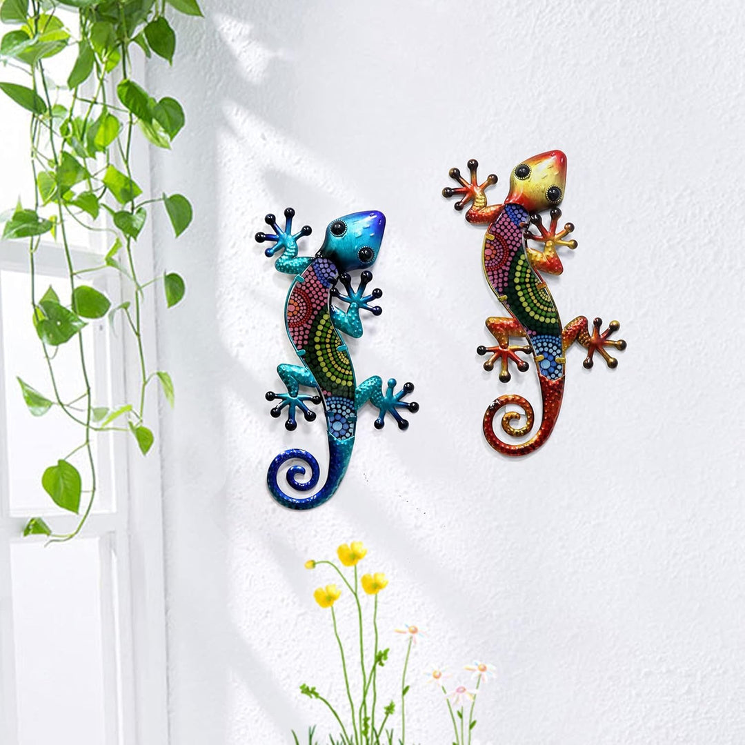 HONGLAND Metall-Gecko-Wandkunst, 2 Stück, 38,1 cm, Eidechse, Outdoor-Dekoration, hängende Glasskulpt