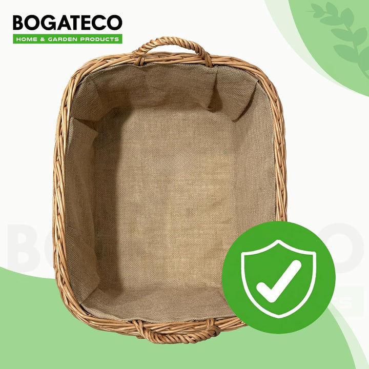 BOGATECO Kaminholzkorb Weide Rechteckig 60x50 cm, Stabiler Brennholzkorb mit Sperrholzboden und Jute