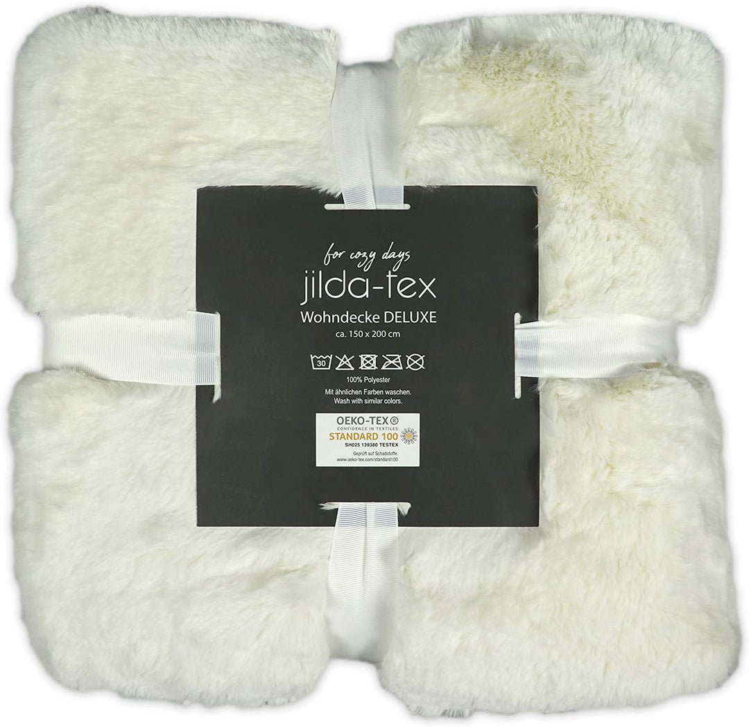 jilda-tex Wohn- Kuscheldecke Felloptik Rabbit Deluxe 150x200 cm 750 GSM Felldecke (Weiss) Weiss 150x
