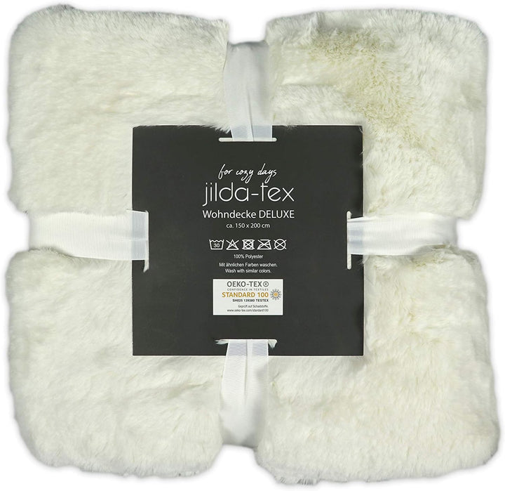 jilda-tex Wohn- Kuscheldecke Felloptik Rabbit Deluxe 150x200 cm 750 GSM Felldecke (Weiss) Weiss 150x