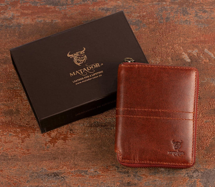 MATADOR Leder Damen Herren Geldbörse Portemonnaie TüV geprüfter RFID & NFC Schutz Antik Vintage Brau
