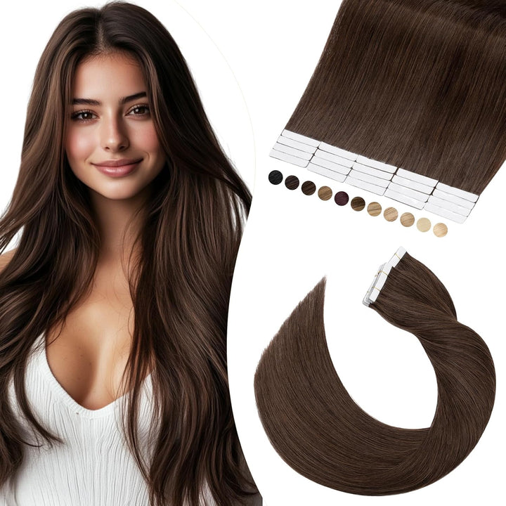 Elailite Echthaar Extensions Tape in 20 Stück #04 Schokobraun, Tape in Extensions Echthaar 30g/set,