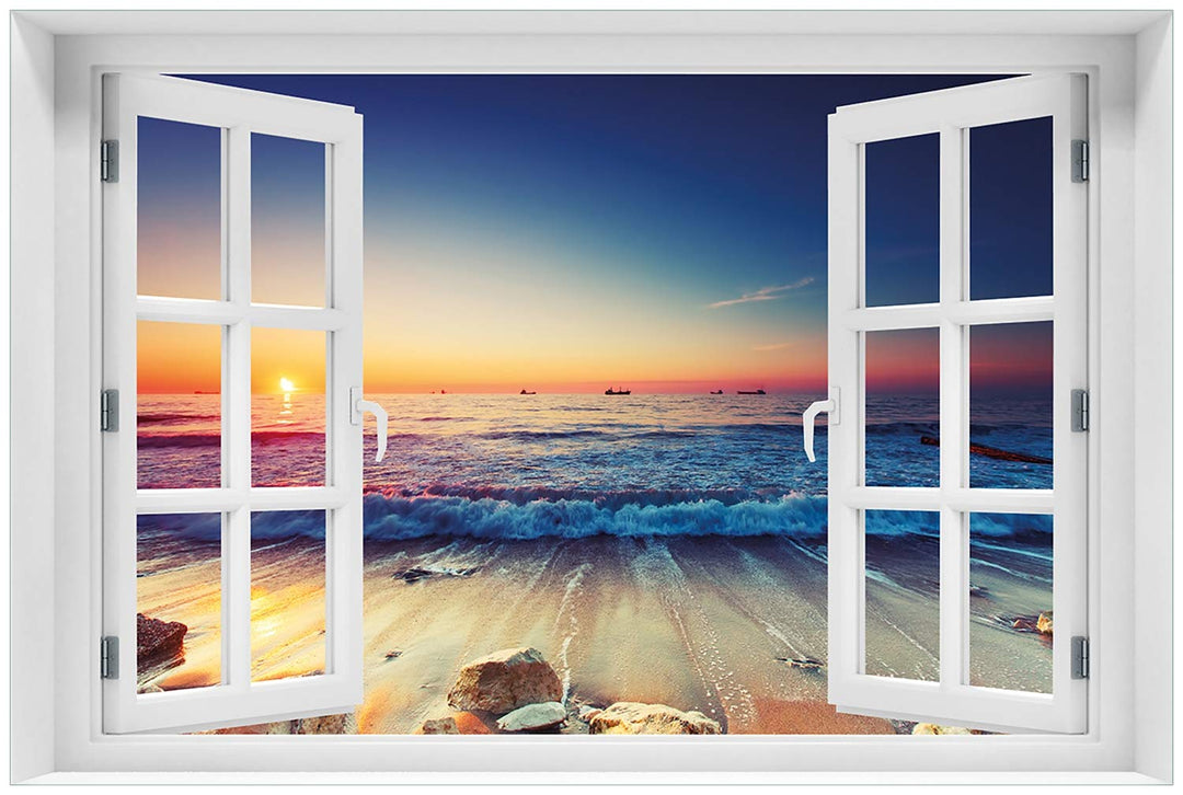 Wallario Glasbild 60 x 90 cm mit Fensterrahmen mit Fenster-Illusion: Sonnenuntergang am Meer mit Wel
