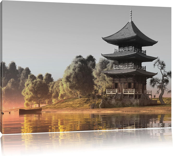 Pixxprint asiatischer Tempel an See als Leinwandbild/Grösse: 100x70 cm/Wandbild/Kunstdruck/fertig be