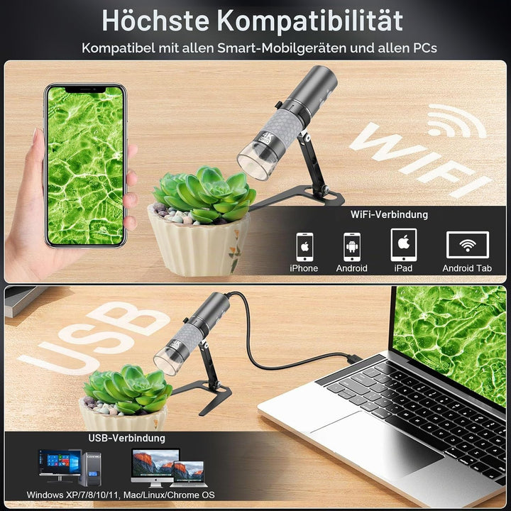 Ninyoon 4K WiFi Mikroskop Verbesserter Ständer für iPhone Android PC, 50-1000X USB Digitales Mikrosk