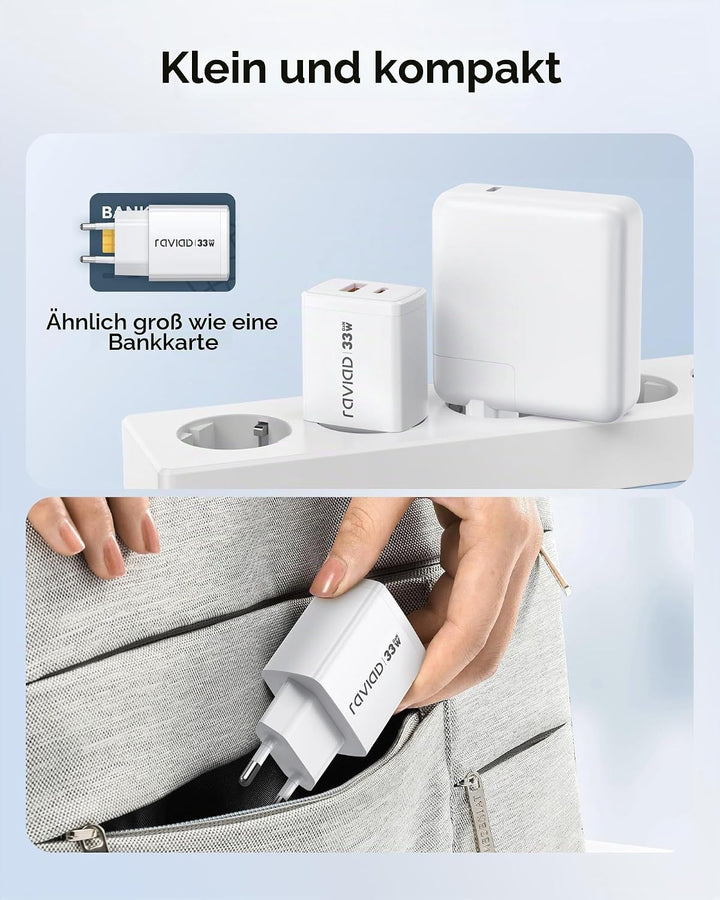 RAVIAD 33W USB C Ladegerät GaN Netzteil 2-Pack, 2-Port [USBC + USBA] PD Schnellladegerät mit USB C K