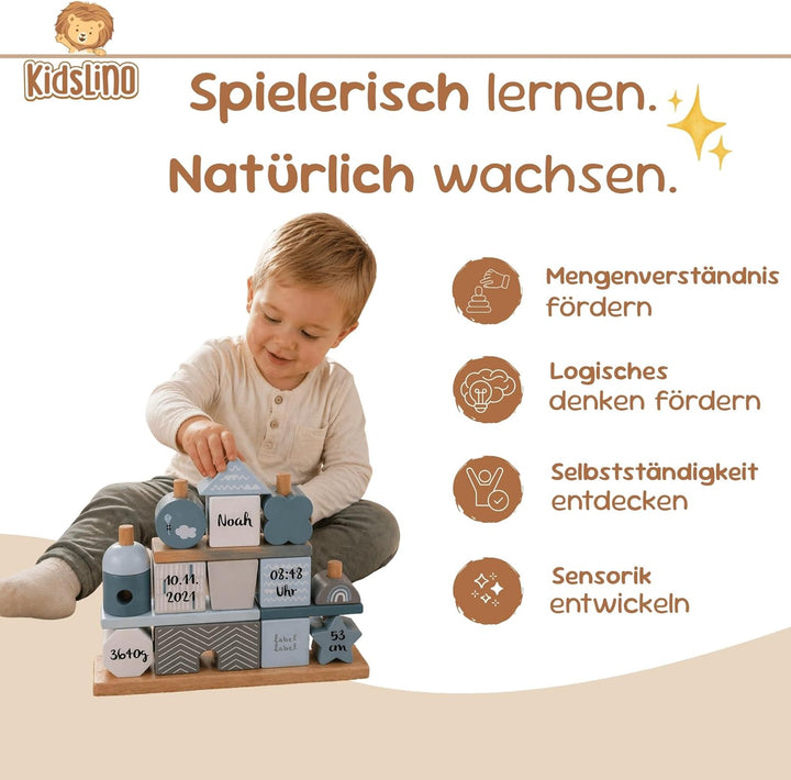 Personalisiertes Holz Steckspiel Haus Blau – Baby Geschenk zur Geburt Junge – mit Name & Geburtsdate