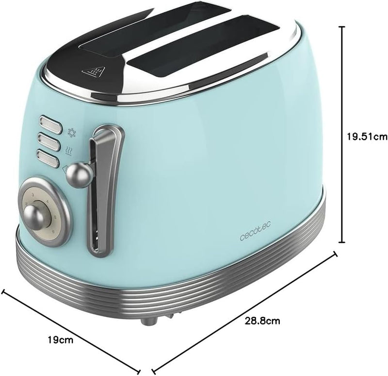 Cecotec Toast&Taste 800 Vintage Light Blue, 850 W, Doppelschlitz, extra breit, 3,8 cm, 2 Toaster, Ed