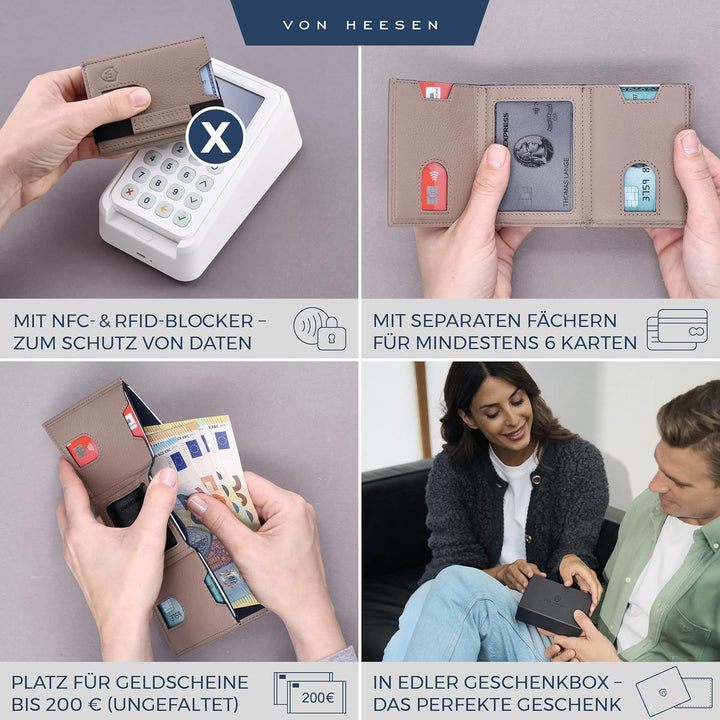 VON HEESEN Leder Slim Wallet - Geldbeutel mit RFID Schutz - Mini Geldbörse für Herren und Damen - Ka