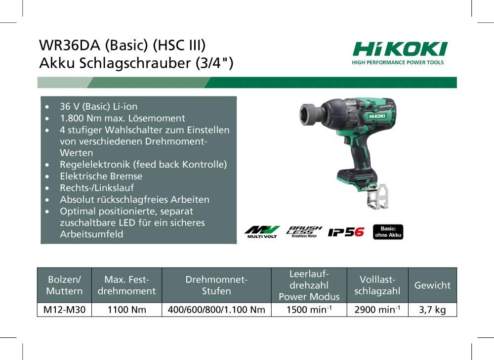 HIKOKI Akku Schlagschrauber, WR36DA (Basic) (HSC III)