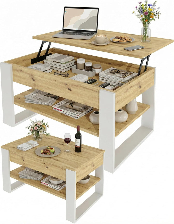 Couchtisch mit anhebbarer Platte | Höhenverstellbarer Wohnzimmertisch mit Stauraum | Sofatisch Eiche