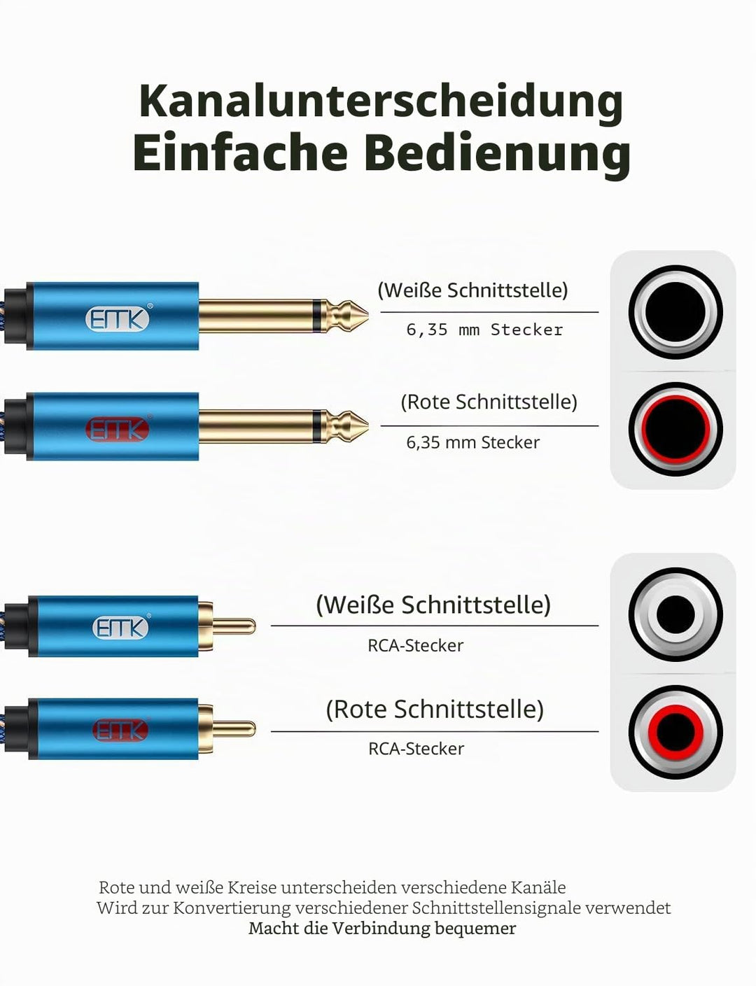 EMK Mono 6,35 mm1/4 auf 2RCA Kabel, Dual 1/4 Zoll TS auf Dual Cinch Verbindungskabel 2 Cinch Stecker