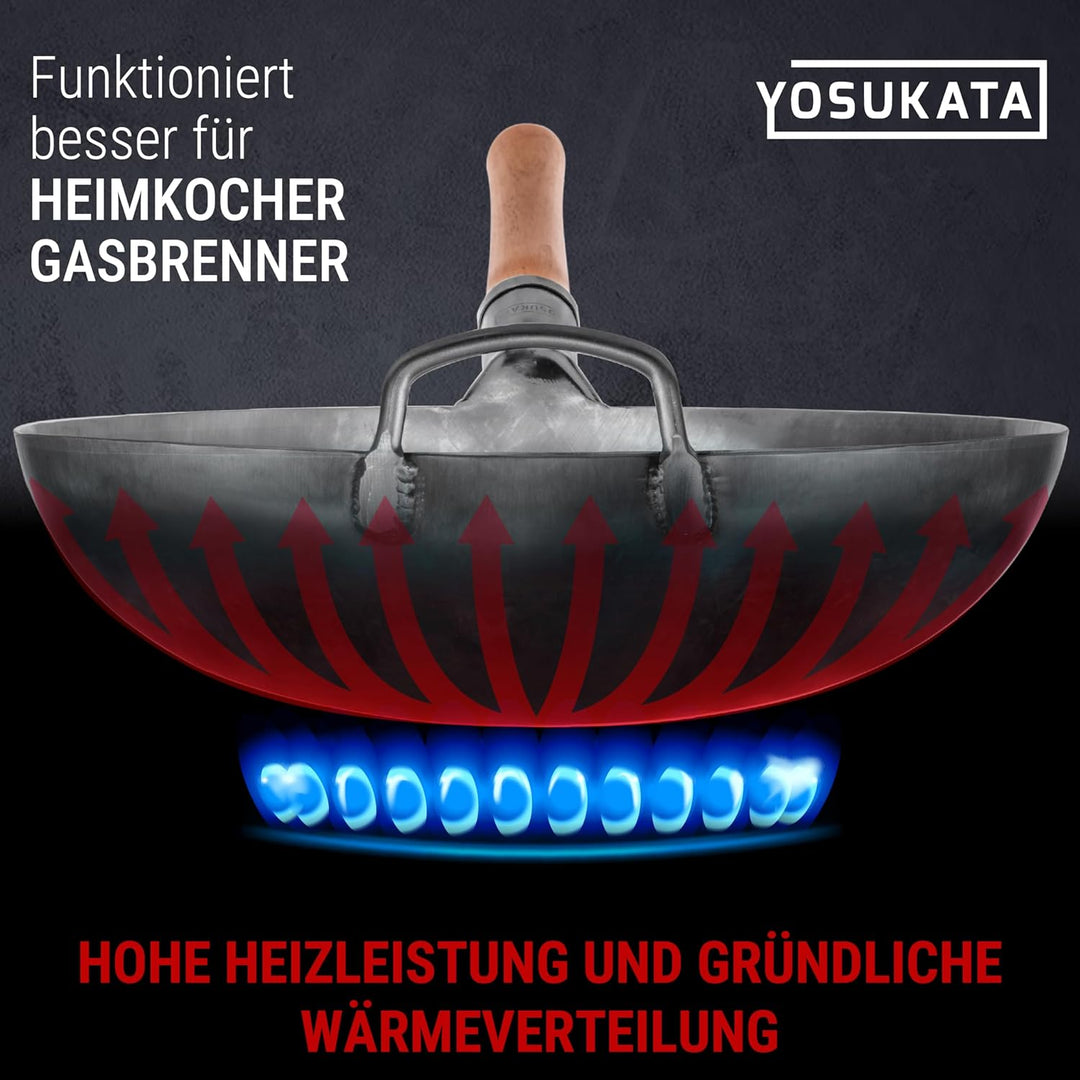 YOSUKATA Karbonstahl Woks & Wokpfannen - 36 cm Handgehämmerter Wok Pfanne Carbonstahl Runder Boden -