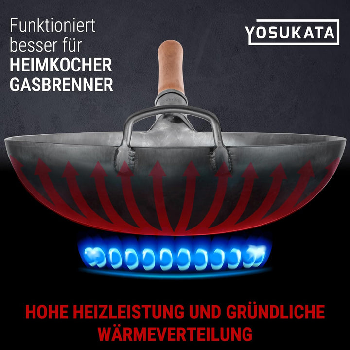 YOSUKATA Karbonstahl Woks & Wokpfannen - 36 cm Handgehämmerter Wok Pfanne Carbonstahl Runder Boden -