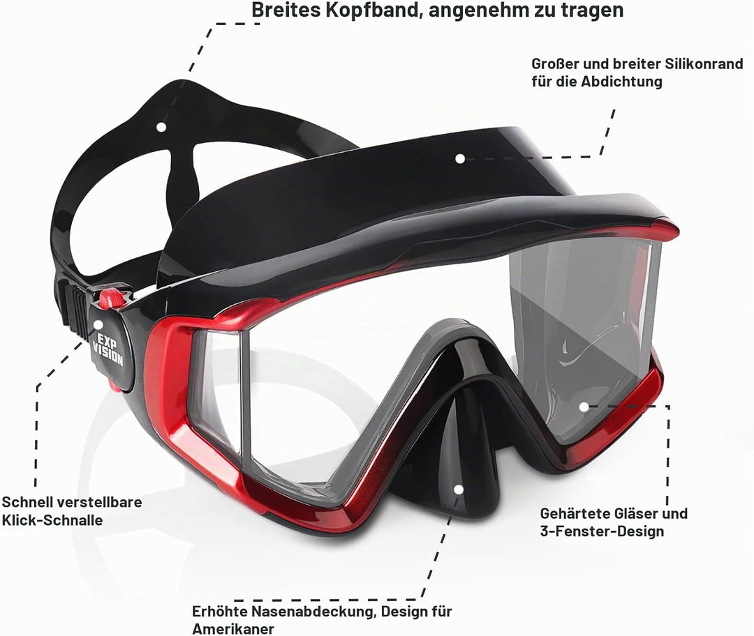 Schnorchel Taucherbrille HD Pano 3 Fensteransicht Erwachsene Schnorchelmaske, Anti Nebel Tauchmaske,