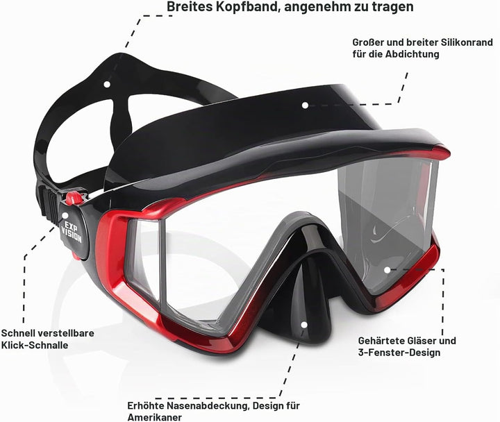 Schnorchel Taucherbrille HD Pano 3 Fensteransicht Erwachsene Schnorchelmaske, Anti Nebel Tauchmaske,