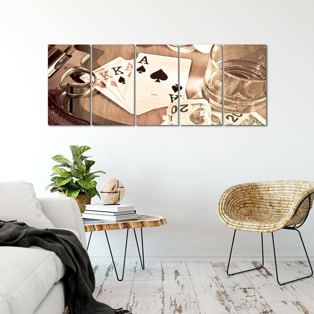 Runa Art Wandbild XXL Poker Whiskey Wohnzimmer Schlafzimmer 200 x 80 cm Braun 5 Teilig - Made in Ger