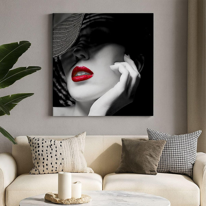 Bilder auf Leinwand 70x70cm Leinwandbild mit Rahmen Frau Gesicht Lippen Gross Wanddeko Bild Schlafzi